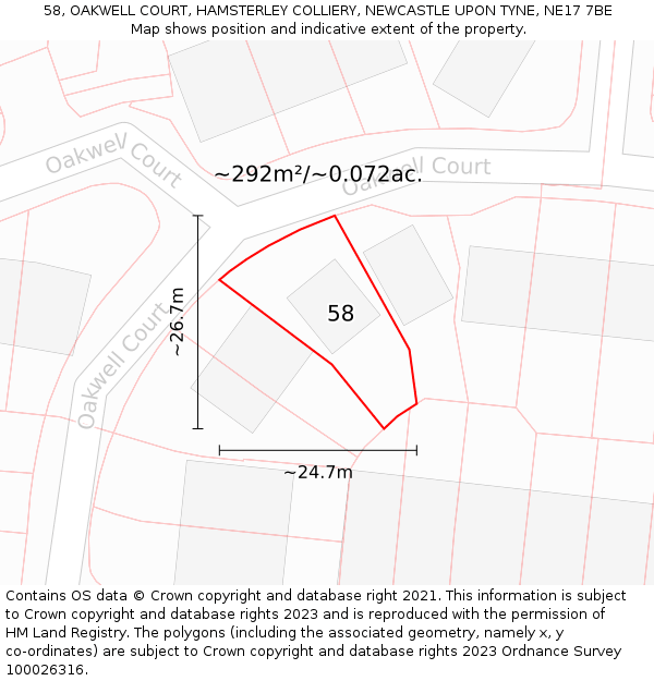 58, OAKWELL COURT, HAMSTERLEY COLLIERY, NEWCASTLE UPON TYNE, NE17 7BE: Plot and title map