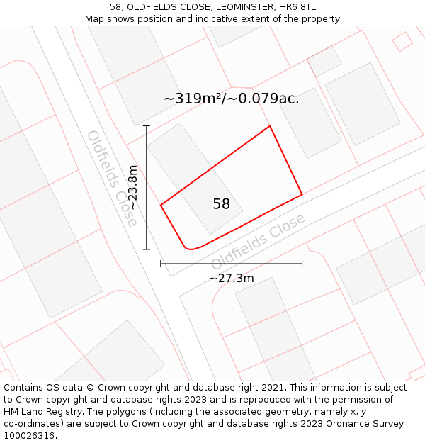 58, OLDFIELDS CLOSE, LEOMINSTER, HR6 8TL: Plot and title map