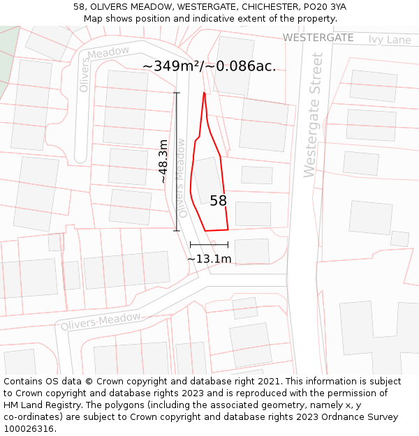 58, OLIVERS MEADOW, WESTERGATE, CHICHESTER, PO20 3YA: Plot and title map