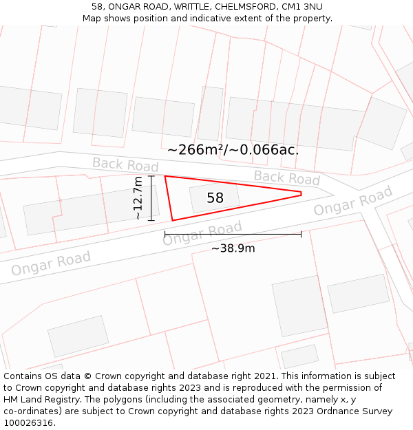 58, ONGAR ROAD, WRITTLE, CHELMSFORD, CM1 3NU: Plot and title map