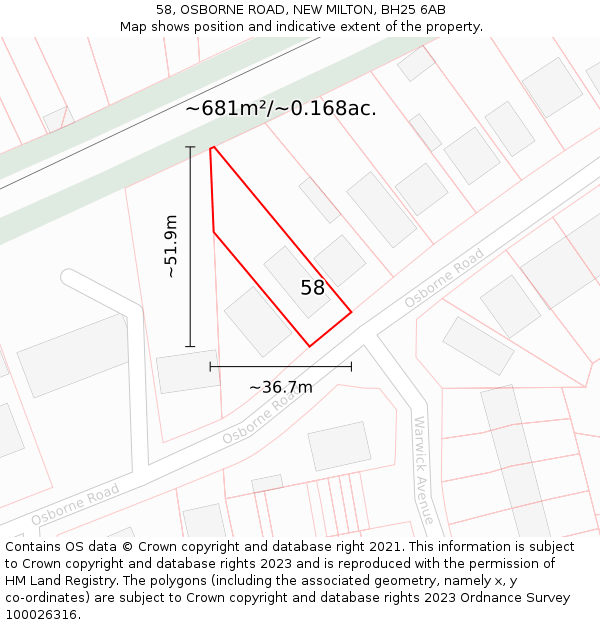 58, OSBORNE ROAD, NEW MILTON, BH25 6AB: Plot and title map