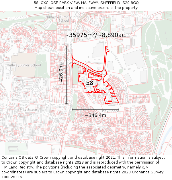 58, OXCLOSE PARK VIEW, HALFWAY, SHEFFIELD, S20 8GQ: Plot and title map