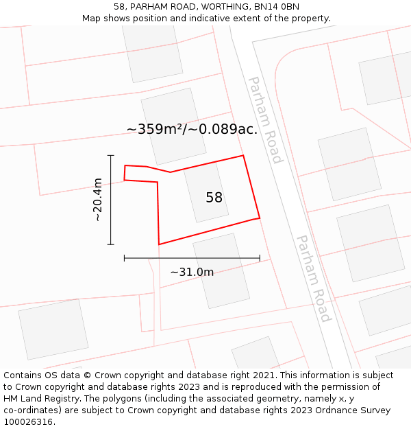 58, PARHAM ROAD, WORTHING, BN14 0BN: Plot and title map