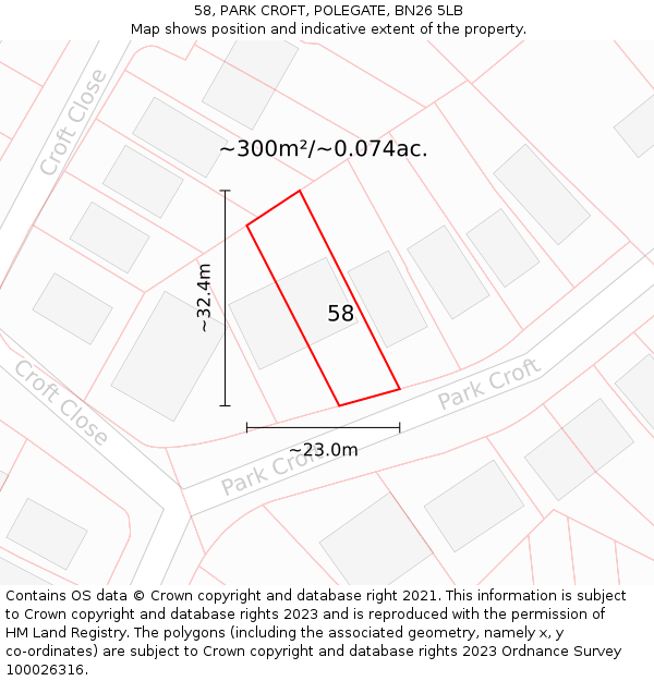 58, PARK CROFT, POLEGATE, BN26 5LB: Plot and title map