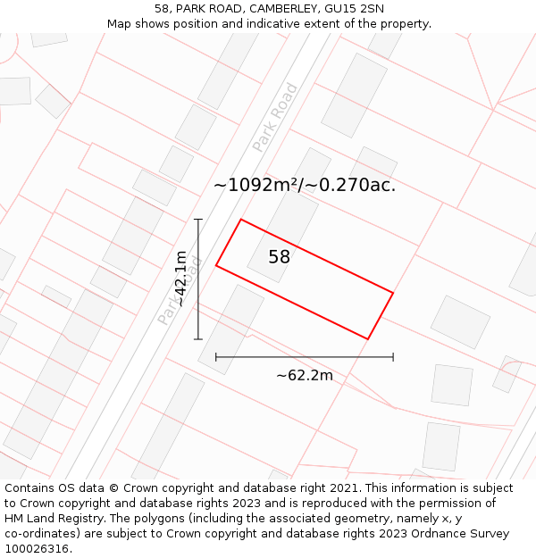 58, PARK ROAD, CAMBERLEY, GU15 2SN: Plot and title map