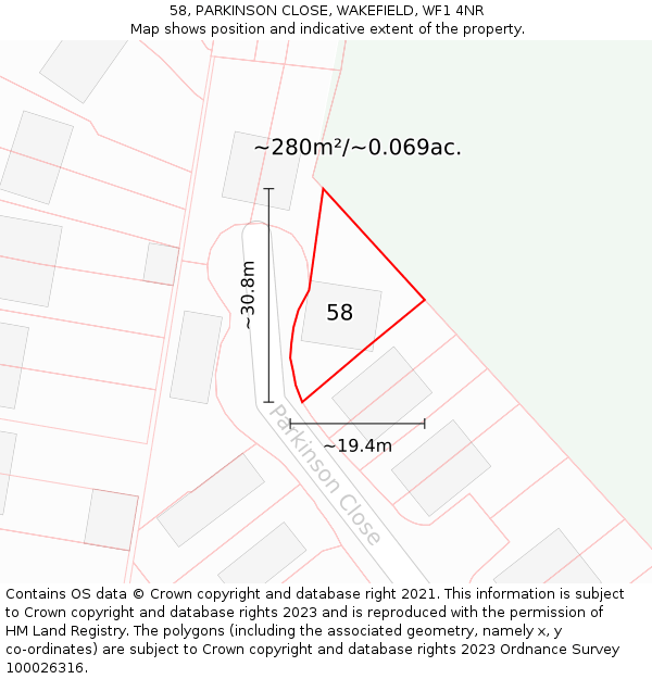 58, PARKINSON CLOSE, WAKEFIELD, WF1 4NR: Plot and title map