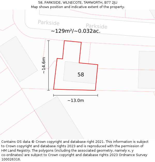 58, PARKSIDE, WILNECOTE, TAMWORTH, B77 2JU: Plot and title map