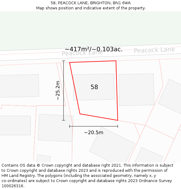 58, PEACOCK LANE, BRIGHTON, BN1 6WA: Plot and title map