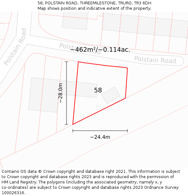 58, POLSTAIN ROAD, THREEMILESTONE, TRURO, TR3 6DH: Plot and title map