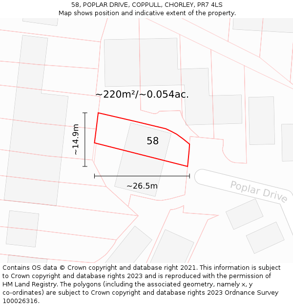 58, POPLAR DRIVE, COPPULL, CHORLEY, PR7 4LS: Plot and title map