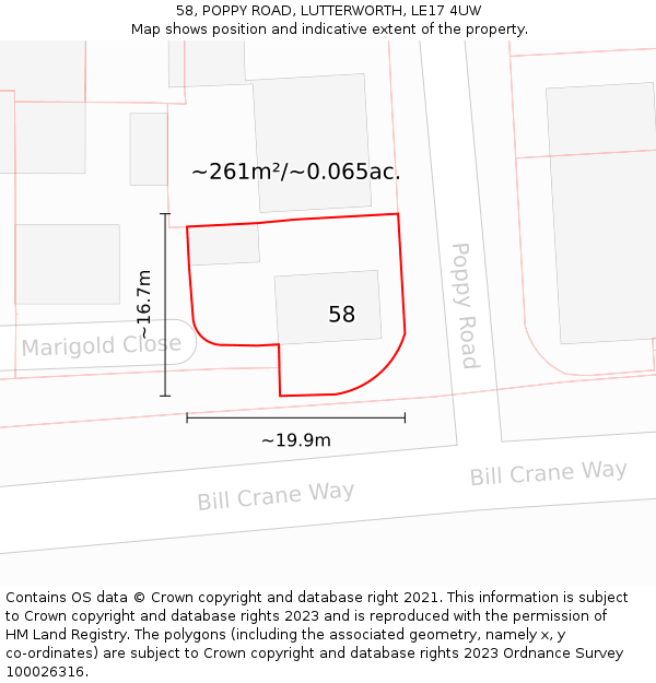 58, POPPY ROAD, LUTTERWORTH, LE17 4UW: Plot and title map