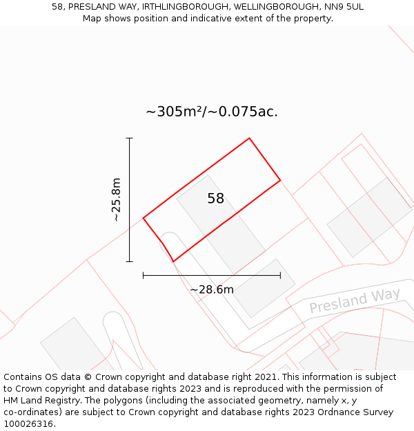 58, PRESLAND WAY, IRTHLINGBOROUGH, WELLINGBOROUGH, NN9 5UL: Plot and title map