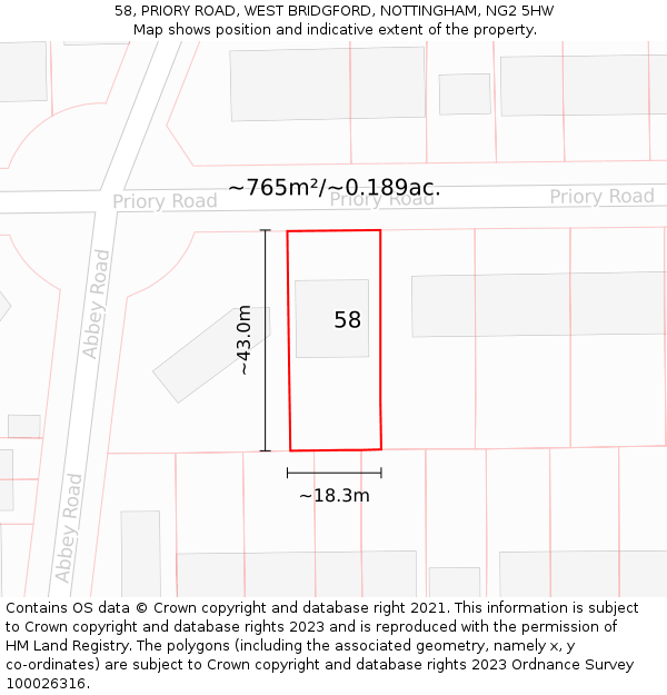 58, PRIORY ROAD, WEST BRIDGFORD, NOTTINGHAM, NG2 5HW: Plot and title map