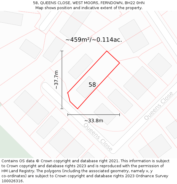58, QUEENS CLOSE, WEST MOORS, FERNDOWN, BH22 0HN: Plot and title map