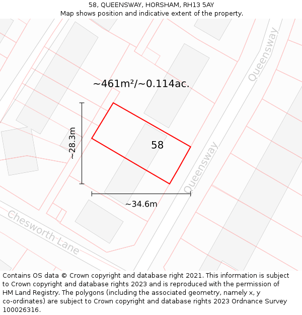 58, QUEENSWAY, HORSHAM, RH13 5AY: Plot and title map