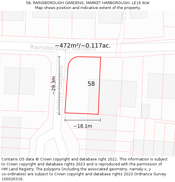 58, RAINSBOROUGH GARDENS, MARKET HARBOROUGH, LE16 9LW: Plot and title map