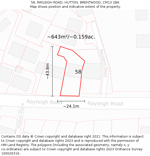 58, RAYLEIGH ROAD, HUTTON, BRENTWOOD, CM13 1BA: Plot and title map