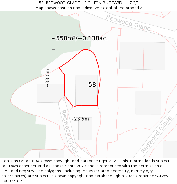 58, REDWOOD GLADE, LEIGHTON BUZZARD, LU7 3JT: Plot and title map
