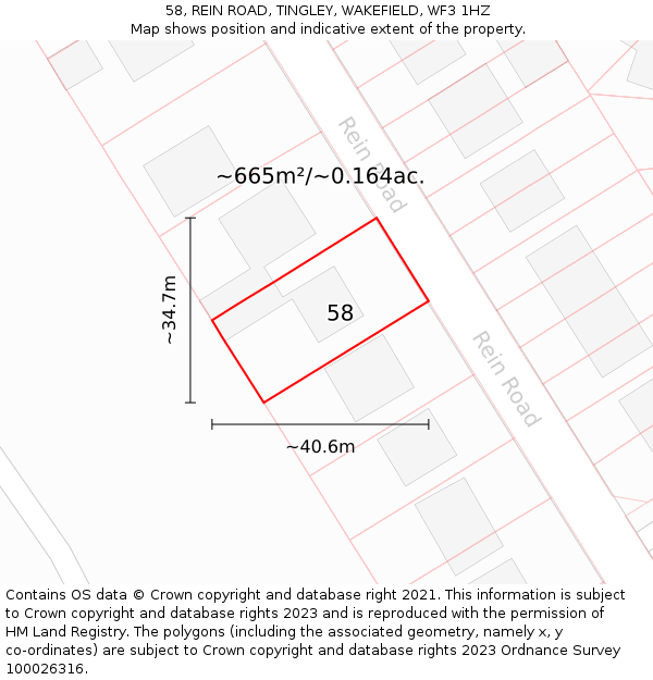 58, REIN ROAD, TINGLEY, WAKEFIELD, WF3 1HZ: Plot and title map