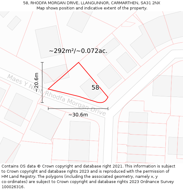 58, RHODFA MORGAN DRIVE, LLANGUNNOR, CARMARTHEN, SA31 2NX: Plot and title map