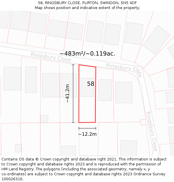 58, RINGSBURY CLOSE, PURTON, SWINDON, SN5 4DF: Plot and title map