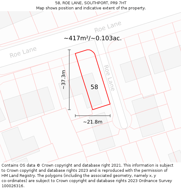 58, ROE LANE, SOUTHPORT, PR9 7HT: Plot and title map