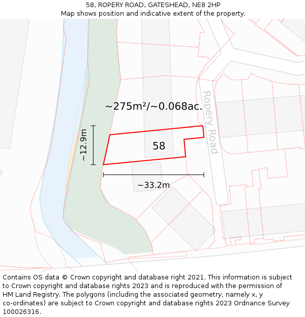 58, ROPERY ROAD, GATESHEAD, NE8 2HP: Plot and title map