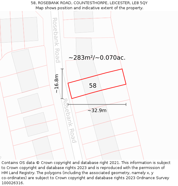58, ROSEBANK ROAD, COUNTESTHORPE, LEICESTER, LE8 5QY: Plot and title map