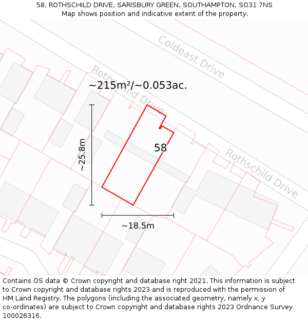 58, ROTHSCHILD DRIVE, SARISBURY GREEN, SOUTHAMPTON, SO31 7NS: Plot and title map