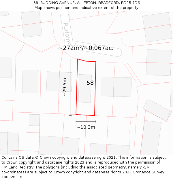 58, RUDDING AVENUE, ALLERTON, BRADFORD, BD15 7DS: Plot and title map