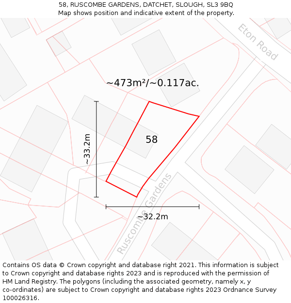 58, RUSCOMBE GARDENS, DATCHET, SLOUGH, SL3 9BQ: Plot and title map