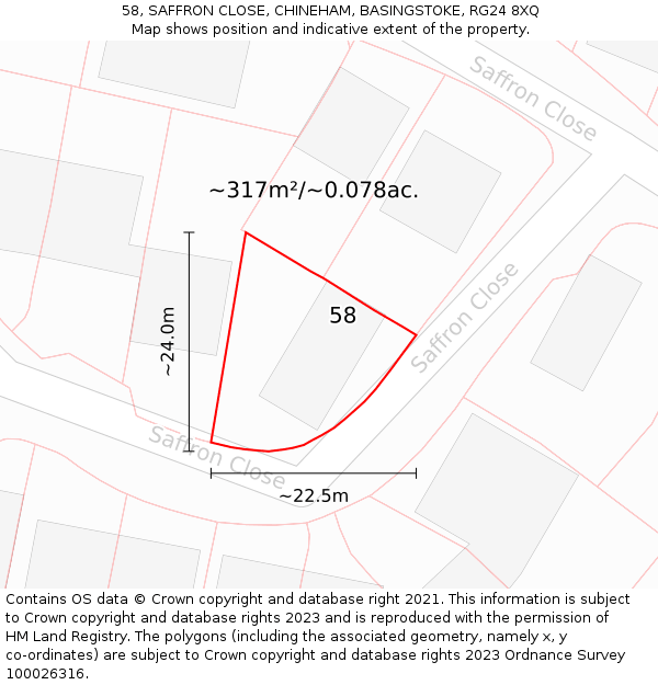 58, SAFFRON CLOSE, CHINEHAM, BASINGSTOKE, RG24 8XQ: Plot and title map