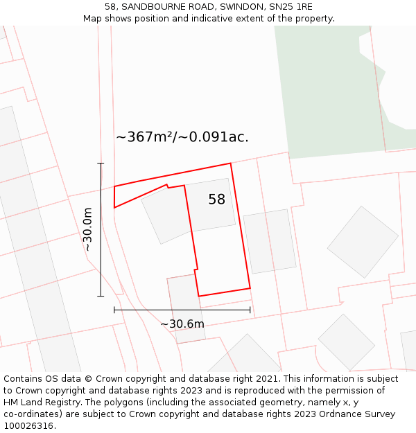 58, SANDBOURNE ROAD, SWINDON, SN25 1RE: Plot and title map