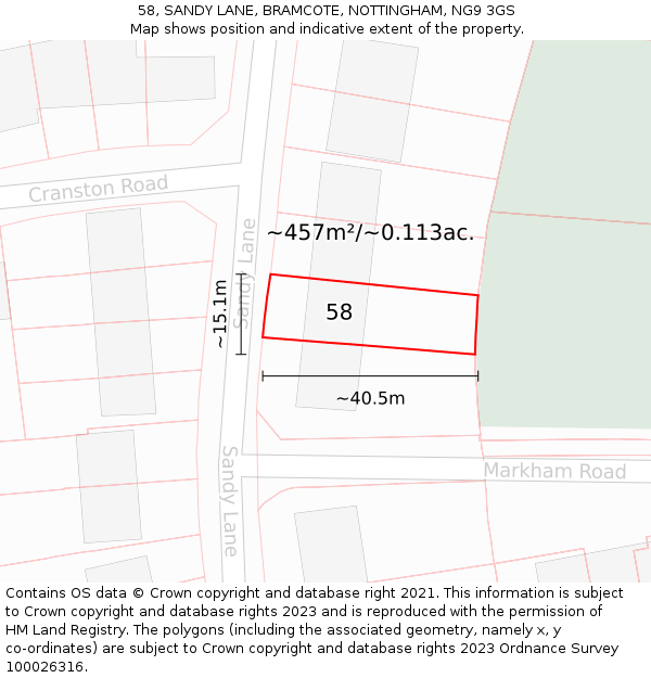 58, SANDY LANE, BRAMCOTE, NOTTINGHAM, NG9 3GS: Plot and title map