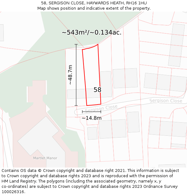 58, SERGISON CLOSE, HAYWARDS HEATH, RH16 1HU: Plot and title map