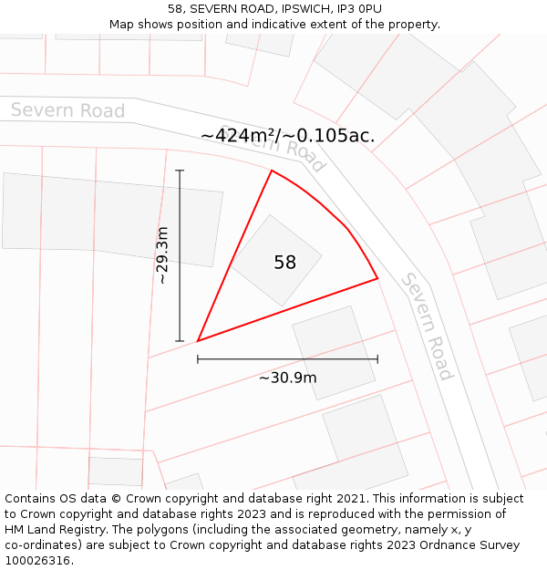 58, SEVERN ROAD, IPSWICH, IP3 0PU: Plot and title map