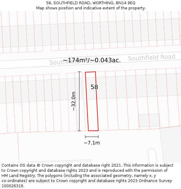 58, SOUTHFIELD ROAD, WORTHING, BN14 9EQ: Plot and title map