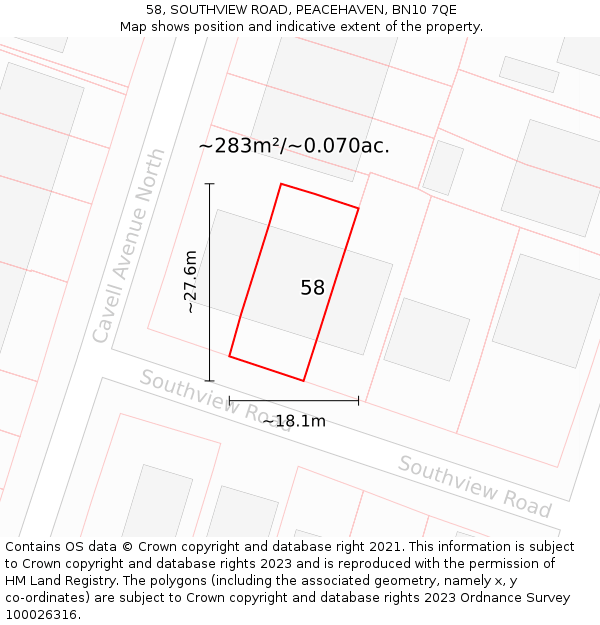 58, SOUTHVIEW ROAD, PEACEHAVEN, BN10 7QE: Plot and title map