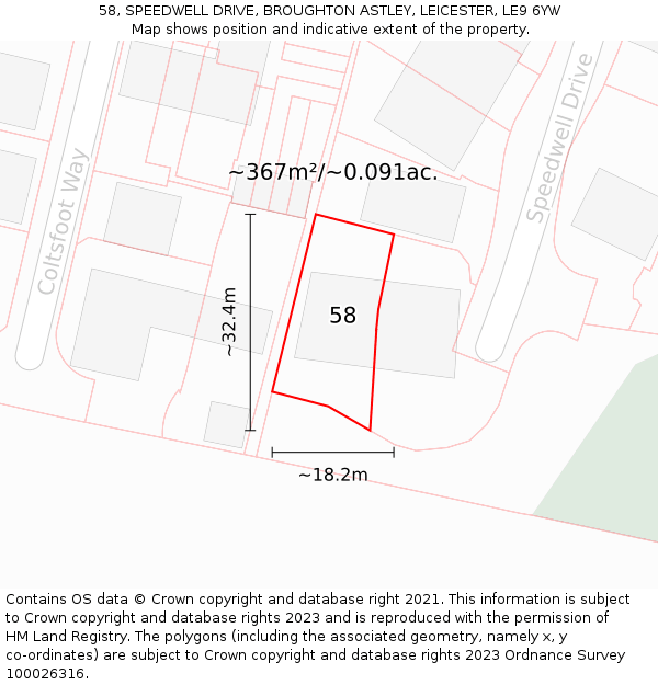 58, SPEEDWELL DRIVE, BROUGHTON ASTLEY, LEICESTER, LE9 6YW: Plot and title map