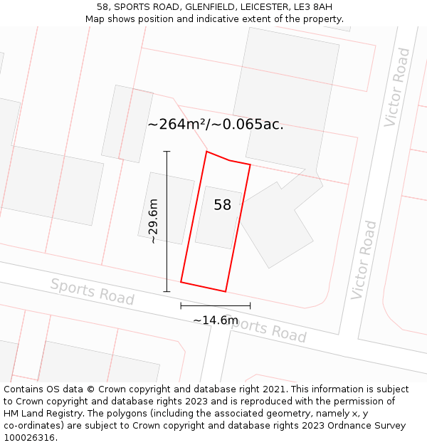 58, SPORTS ROAD, GLENFIELD, LEICESTER, LE3 8AH: Plot and title map