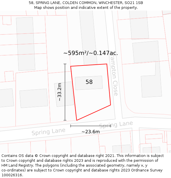 58, SPRING LANE, COLDEN COMMON, WINCHESTER, SO21 1SB: Plot and title map