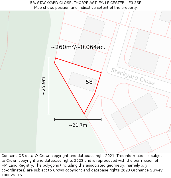 58, STACKYARD CLOSE, THORPE ASTLEY, LEICESTER, LE3 3SE: Plot and title map