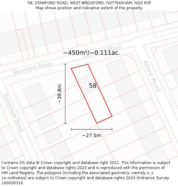 58, STAMFORD ROAD, WEST BRIDGFORD, NOTTINGHAM, NG2 6GF: Plot and title map