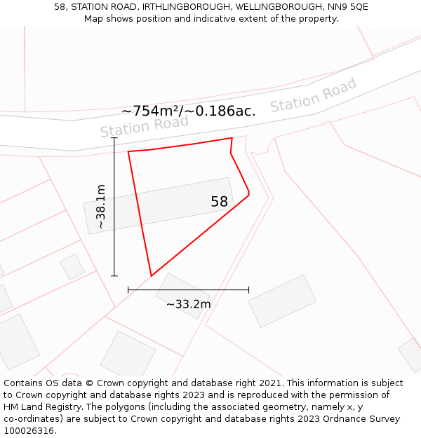 58, STATION ROAD, IRTHLINGBOROUGH, WELLINGBOROUGH, NN9 5QE: Plot and title map