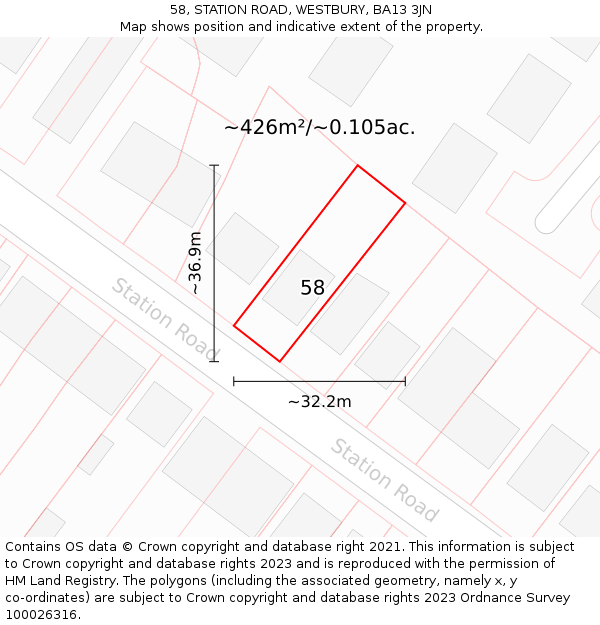 58, STATION ROAD, WESTBURY, BA13 3JN: Plot and title map