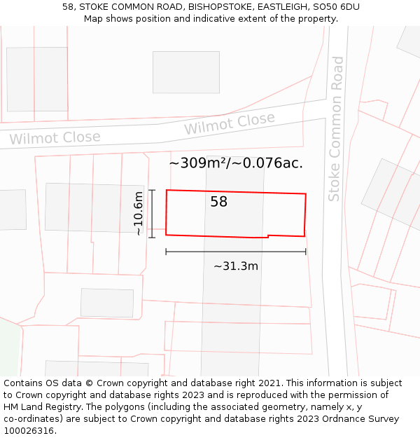 58, STOKE COMMON ROAD, BISHOPSTOKE, EASTLEIGH, SO50 6DU: Plot and title map