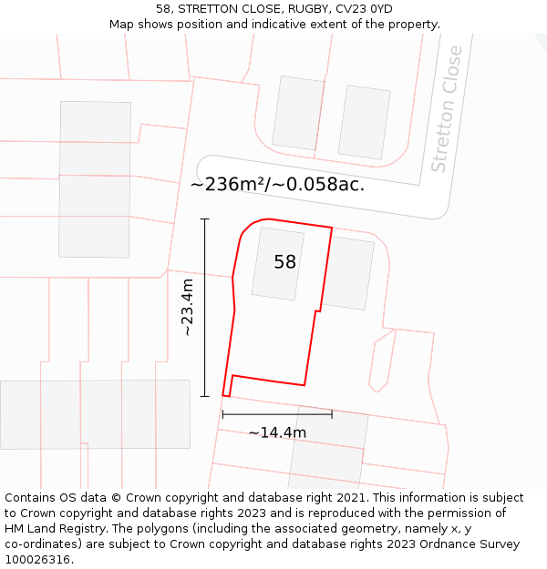 58, STRETTON CLOSE, RUGBY, CV23 0YD: Plot and title map