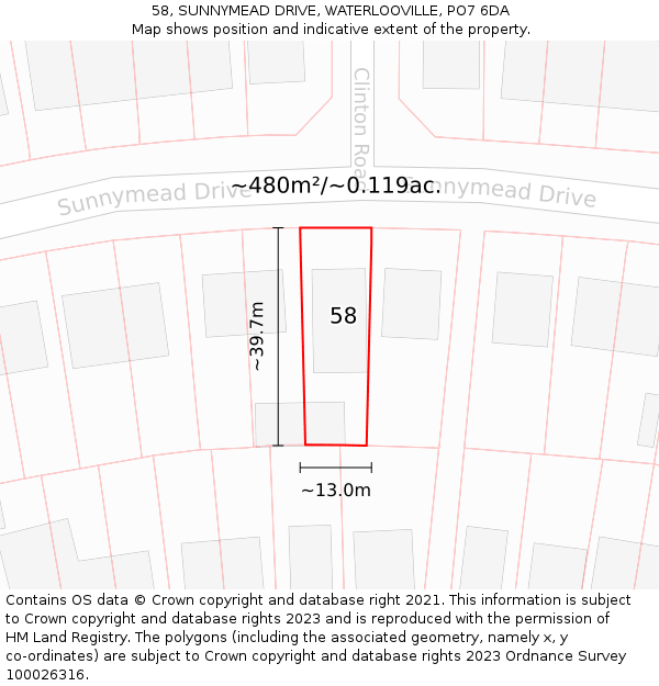 58, SUNNYMEAD DRIVE, WATERLOOVILLE, PO7 6DA: Plot and title map