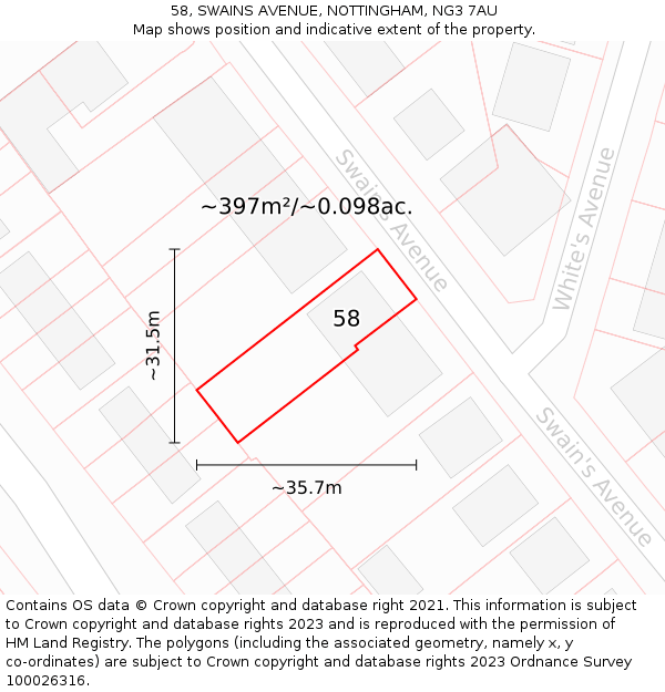 58, SWAINS AVENUE, NOTTINGHAM, NG3 7AU: Plot and title map