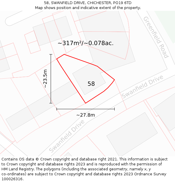 58, SWANFIELD DRIVE, CHICHESTER, PO19 6TD: Plot and title map